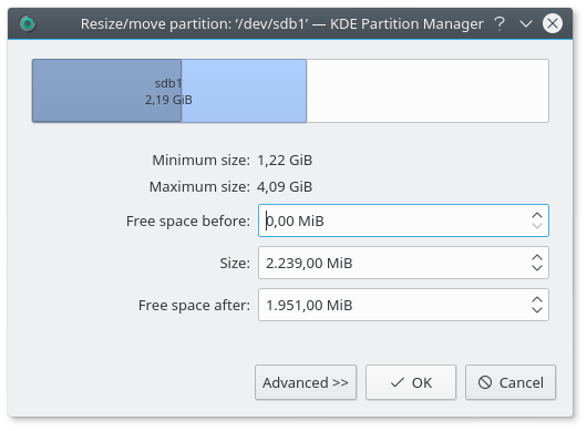 Resize dialog after resizing /dev/sdb1