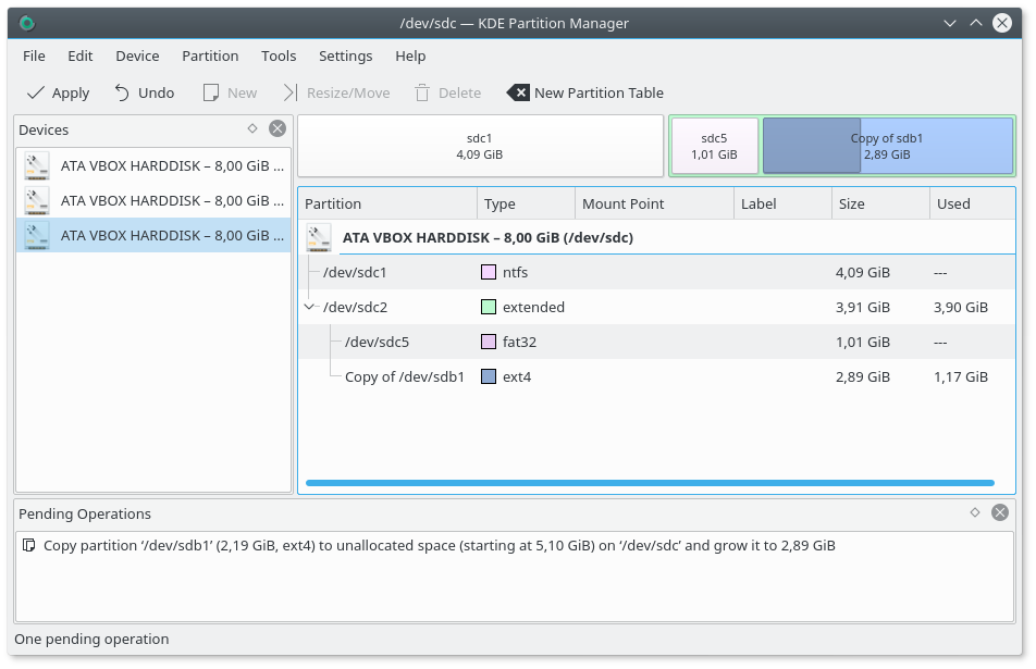 Main window with destination device before copying